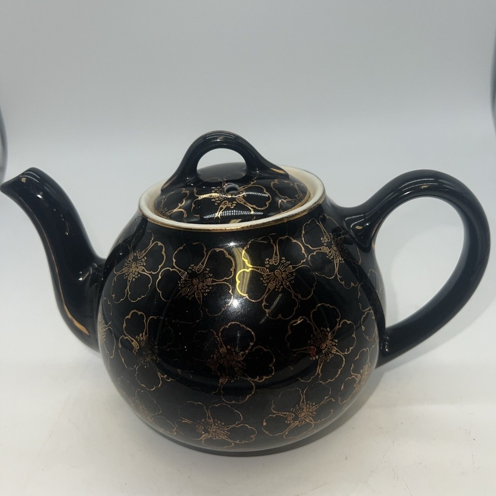Vintage Hall's Teapot 8 cup Black w/Gold Floral Decoration 050 USA